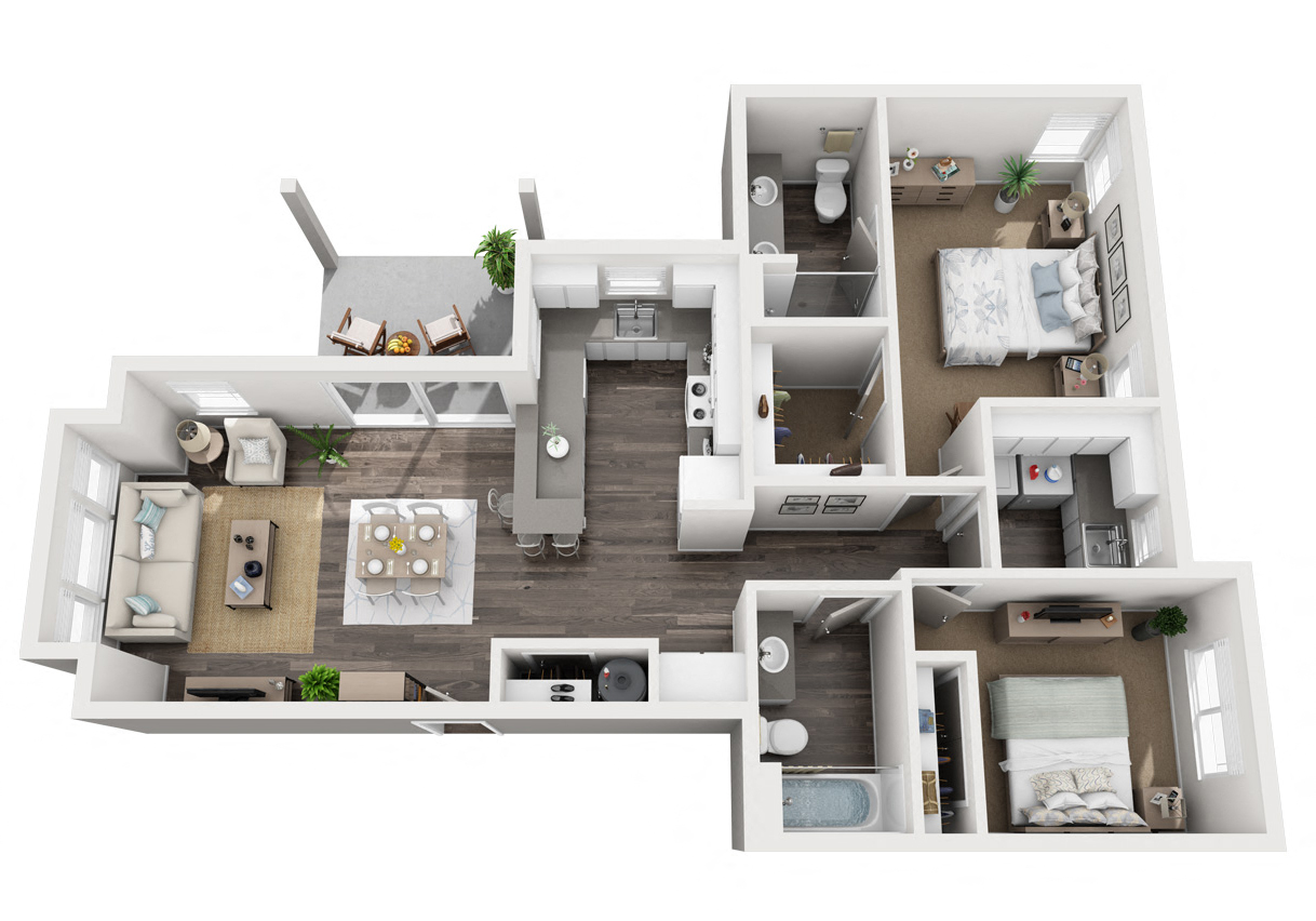 Floor plan for 2 beds, 2 baths, 1066 sqft